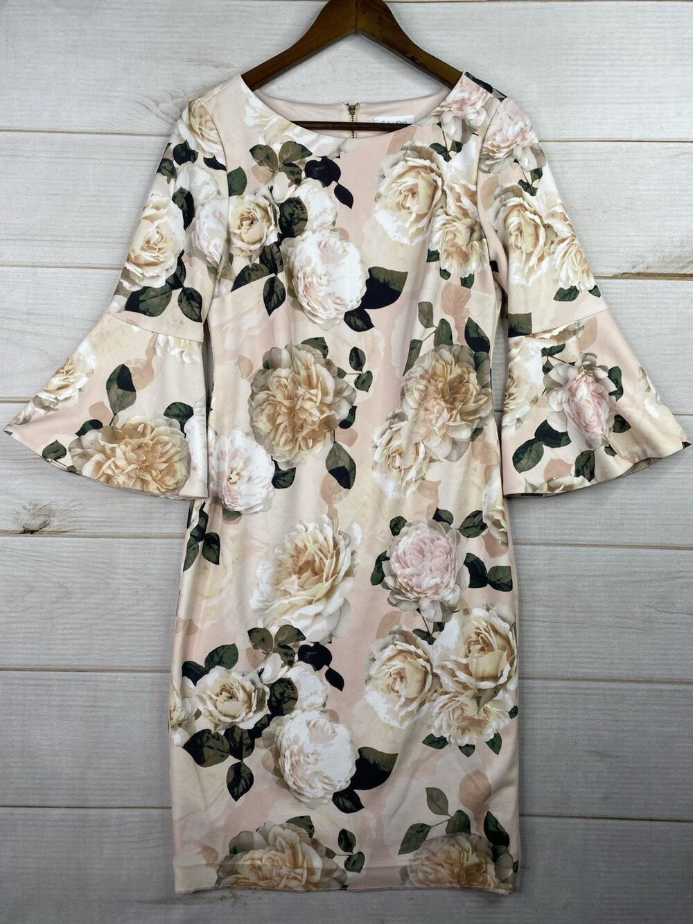 Calvin Klein Dress 6 Floral Pink Scuba Neoprene Stretch Bell Sleeve Sheath Sexy